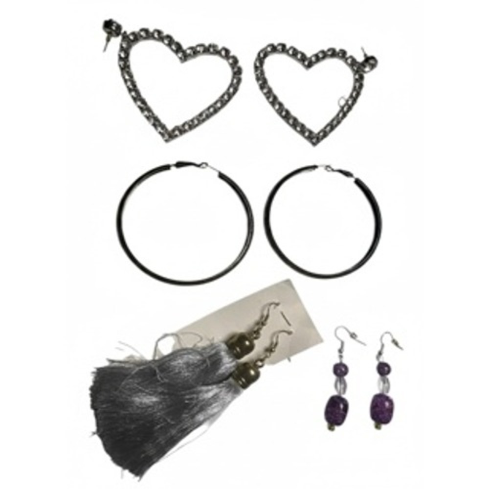 Fashion Earring Bundle 4 Pairs Heart Rhinestone Hammered Hoops Tassel Glass Bead